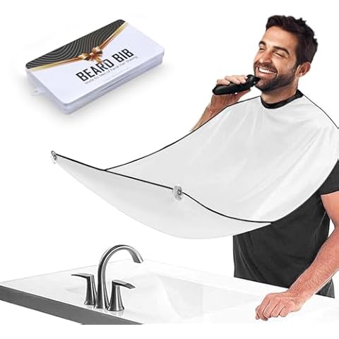 Beard Bib Apron for Men, Gift Beard Trimming Catcher Bib for Shaving & Hair Clippings, Waterproof Non-Stick Hair Catcher Grooming Cloth with 2 Suction Cups(White) Cover