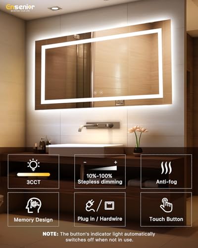 Ensenior LED Bathroom Mirror 55"x 30" with Front and Backlight, Stepless Dimmable Wall Mirrors with Anti-Fog, Shatter-Proof, Memory, 3 Colors, Modern LED Vanity Mirror-ETL & FCC