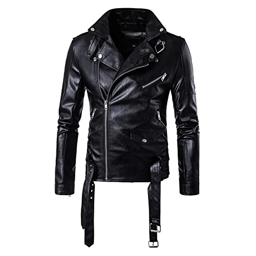 AOWOFS Men's Motorcycle Faux Leather Jacket Zip Slim Fit Double Belt Punk Biker Jacket3