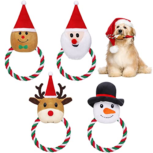 Pedgot 4 Stück Weihnachten Quietschendes interaktives Hundespielzeug Set Weihnachten Hund Plüsch Quietschspielzeug Stoffwelpen Zahnen Kauspielzeug Langlebig Plüsch Xmas Haustier Geschenk für Hunde Cover