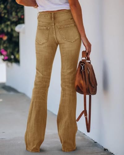 Koinshha Womens High Waisted Jeans Boyfriend Stretch Flare Casual Bootcut Denim Pants Khaki3