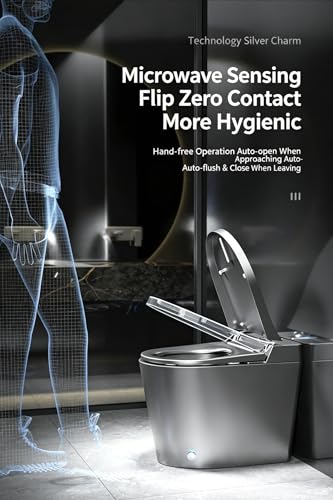 Inodoro inteligente compacto gris de 60 cm para baños pequeños con tapa automática, asiento calefactable, sensor de pie, escudo de espuma, descarga automática, limpieza UV y secado cálido, 110V miniatura 2