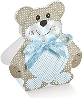 Le Gemme di Venezia Caja de osito para peladillas, color azul con tarjetas personalizadas, nombre y fecha, más lazo (20 unidades)