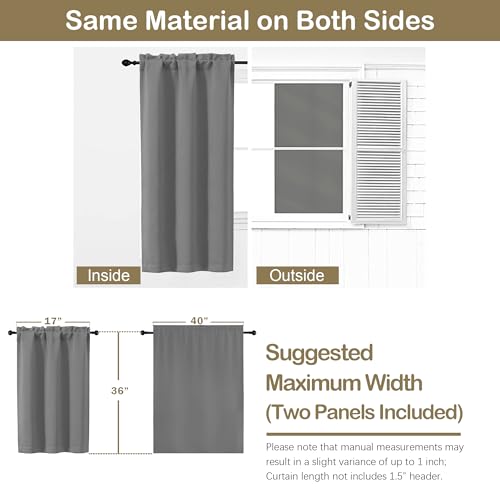 Image of Grey Blackout Curtains for Small Window Treatment, Light Blocking Short Kitchen Window Curtains Over Sink, Dual Rod Pocket Half Window Tiers for Bathroom Basement, 2x40Wx36L Inches