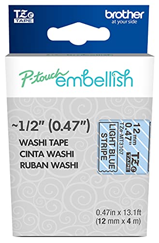 Image of Brother P-Touch Embellish Black Print on Light Blue Stripe Washi Tape TZeMT3107 - ~~ inch Wide x 13.1' Long for use with P-Touch Embellish Ribbon & Tape Printer