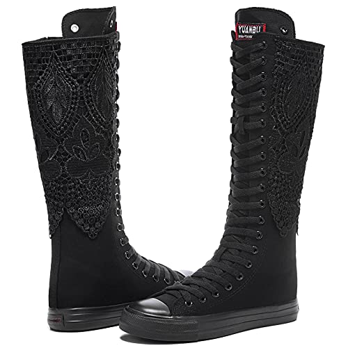 Momuk Fashion Girls Canvas Boots Knee High Sneakers Causal School Shoes Applicable for Both School Dresses or Casual Occasions for Women Size 10 B(M) US Black3
