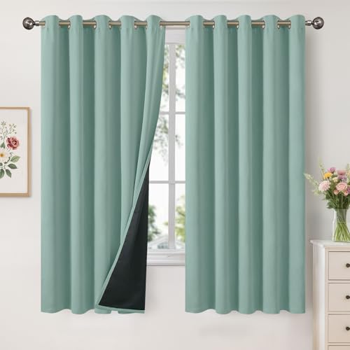 Image of YoungsTex Sage Green 100% Blackout Curtains for Bedroom 63 Inch Length 2 Panels, Heat Blocking Thermal Drapes with Grommet Insulated Darkening for Living Room, 60 X 63 Inch, 2 Panels