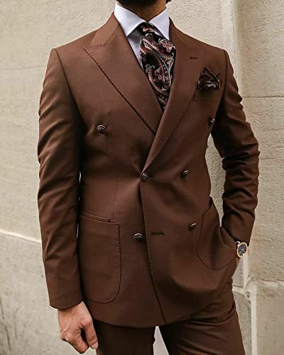 Men's Two Pieces Business Suit Set, Double Breasted Buttons Peak Lapel Jacket Pants Tuxedos Wedding Casual Party3