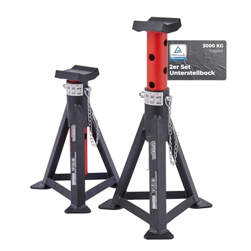 Arebos 2X Unterstellbock | je 3 Tonnen Tragkraft | höhenverstellbar 299-442 mm | Unterstellbock Set | Wagenheber Ständer | Stützböcke mit Sicherungssplint & Gummiauflagen | Stützfuß, Stahl