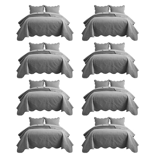 IR Imperial Rooms 8 Pack Quilt King Size Bedding (106" x 96") - Bulk Wholesale for Hotels, Guest Bedroom & Airbnbs - Lightweight Microfiber Reversible Floral Embossed Quilts Bedspreads (Grey)
