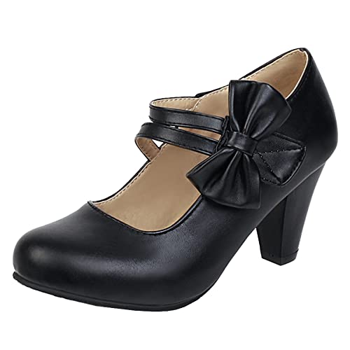 Elbslutt Women's Sweet Chunky Mary Janes Heels Bow Hook Loop Cute High Block Heel Ankle Strap Pumps Dress Shoes - Main Image