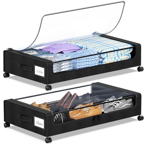 Under Bed Storage with Wheels, 2-Pack Under the Bed Storage Containers with Clear Lids & Label, Underbed Storage Bins, XXL 60L Rolling Metal Drawer for Clothes, Shoes, Toys, Books – Black