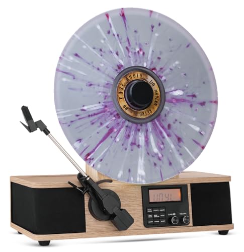 Fuse Tourne-Disque Vertical Enveloppant avec Support de Couverture de l'album intégré – Lecteur Vinyle Moderne du Milieu du siècle avec Haut-parleurs intégrés et Bluetooth – Platine Audio Radio FM