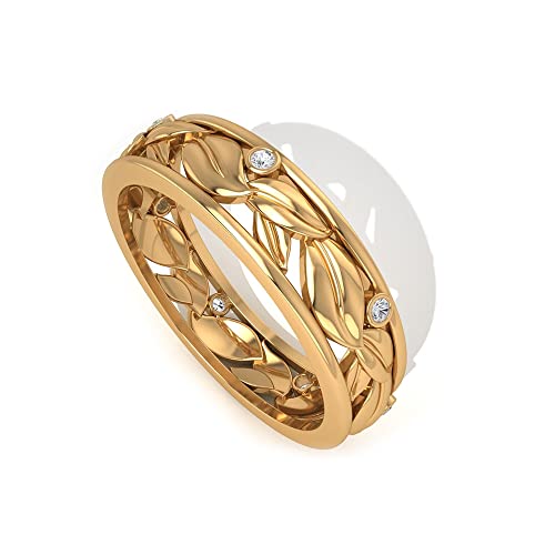 Anillo de aniversario de boda con diseño de flor de diamante certificado IGI, Art Deco hoja de oro grabado, anillos de novia, promesa de pétalo, 14K Oro amarillo, Size:EU 70