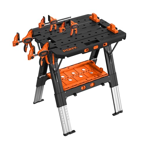 Pony Portable Folding Work Table, 2-in-1 as Sawhorse & Workbench, 31” W×25” D×25”-35”H, Large Load Capacity with 4pcs Clamps, 4pcs Bench Dogs