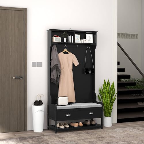 HOMCOM 3-in-1 Hall Tree, Entryway Bench with Coat Rack, Mudroom Bench with Shoe Rack, 2 Storage Drawers, 4 Hooks and Padded Seat Cushions for Hallway, Black