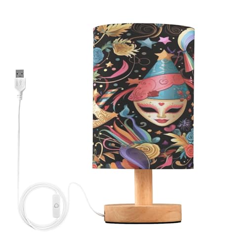 SDMKA Colorful Mask Party Pattern Bedside Table Lamp for Bedroom, Minimalist Nightstand Lamp with Round Fabric Shade for Living Room, Office, No Bulb Required