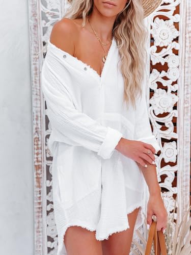 siliteelon Women's Button Down Tunic with Pockets Cotton Gauze Button Up Shirt Dress V Neck Long Sleeve Frayed Blouse Tops3