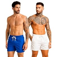 Kit 2 Short Masculino Mauricinho Linho Premium Bermuda Slim Verão Leve - Azul/Branco G