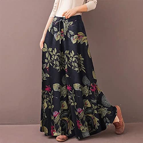 Plus Size Linen Elastic Waist Jogger Pants for Women Wide Leg Drawstring Flowy Fall Casual Palazzo Printed Trousers (Navy 5X)3