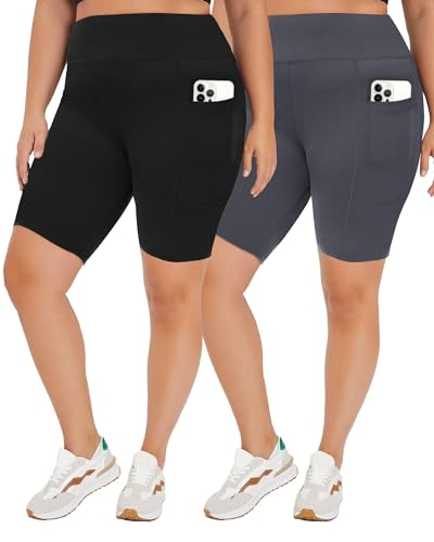 TNNZEET 2 Pack Plus Size Biker Shorts for Women - 8" Black High Waisted Tummy Control Spandex Workout Shorts (XL-4XL)