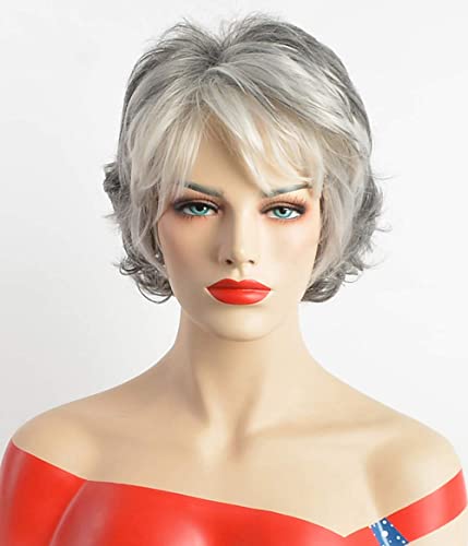Sevencolors Short Grey Wigs For White Women Mixed Silver Curly Wavy Wigs With White Bangs Grandma Synthetic Short Gray Hair Pixie Wigs #TOP1