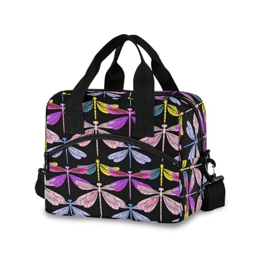 Insulated Lunch Bag Reusable Cooler Dragonfly Black Lunch Box Adjustable Shoulder Strap for Picnic Office School
