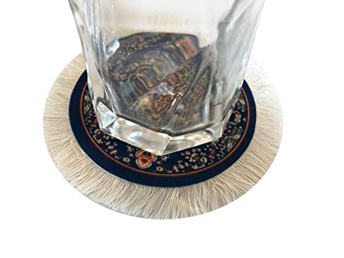 Turkish Rug Coasters Set of 4 – Round Carpet-Style Drink mats with Fringe, Non-Slip Backing, Decorative Home Accent | Dining Accessory
