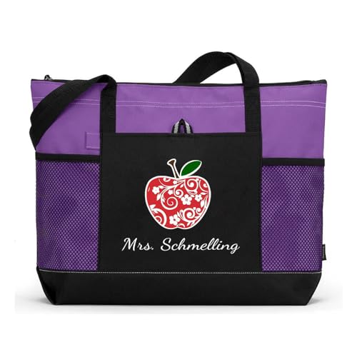 shiguangji Teacher Crayons Personalized Tote Bag with Mesh Pockets,Teacher Name Tote Bag, Teacher Appreciation Gift (apple)