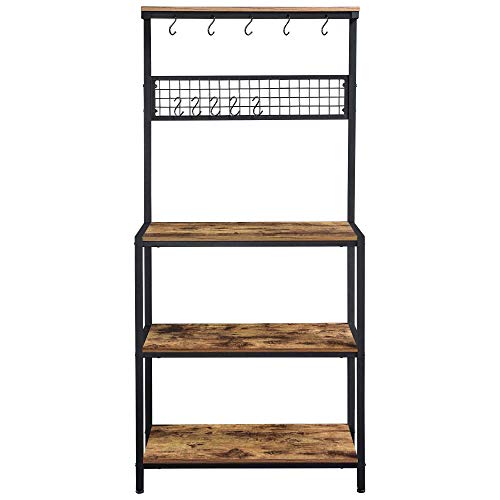 Topeakmart TP-00098240 Industrial Kitchen Bakers Rack With 4-Tier Storage Shelves Shelving Units & 10 Hooks & Adjustable Foot Wood Panel Microwave Oven Cooking Utensils cover