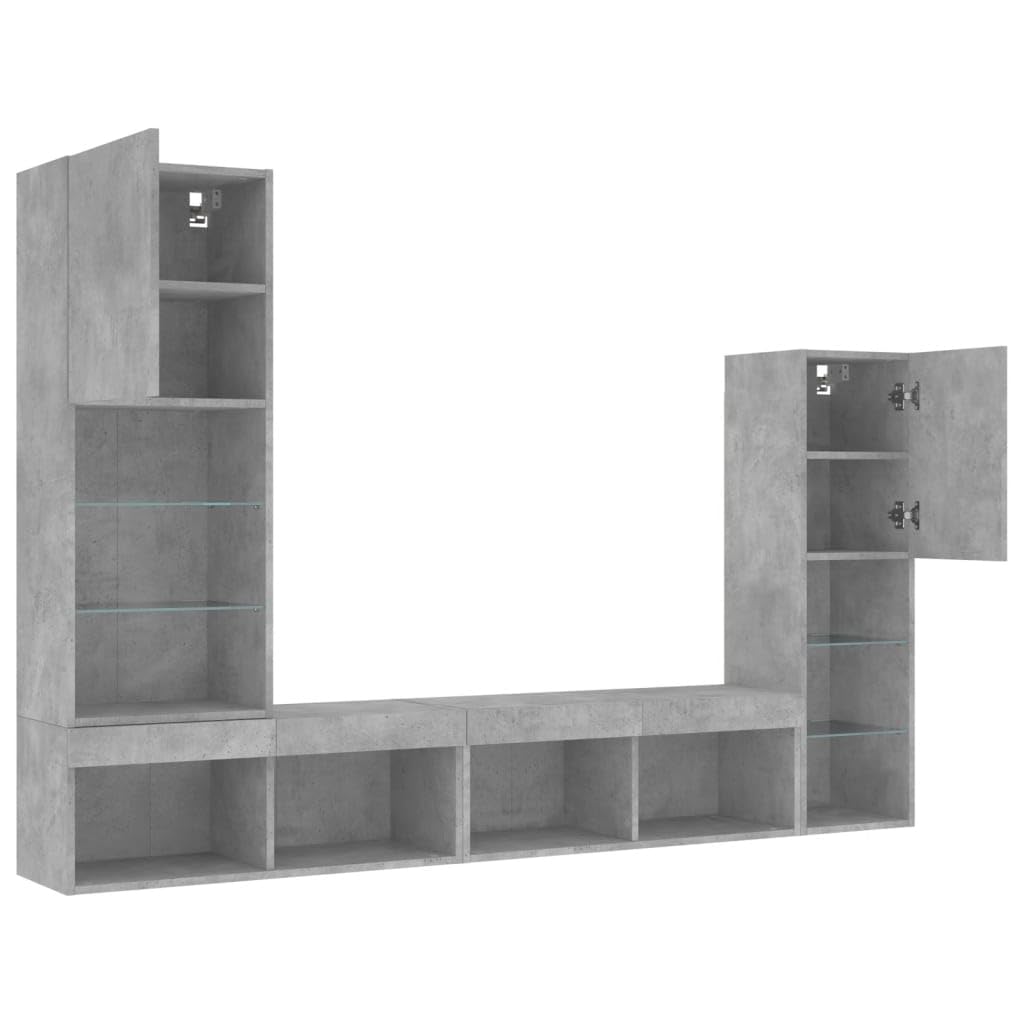 4-częściowy zestaw meblościanek, szary beton, materiał drewnopochodny, z oświetleniem LED RGB, nowoczesne meble telewizyjne do salonu, stabilne i odporne na wilgoć, wysokość 30-102 cm
