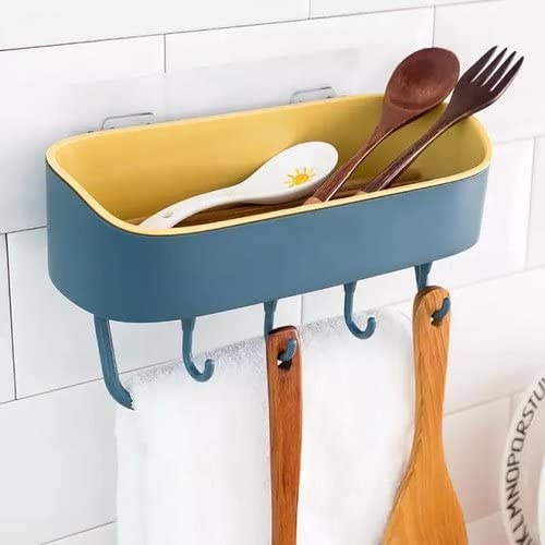 EYE BERRY BASI SALES WITH MISCELLANEOUS DEVICE Multipurpose Plastic Shelf Wall Holder Storage Rack with 4 Hook for Kitchen Bathroom (Random Colour, Standard Size) (Dark Blue with Yellow)