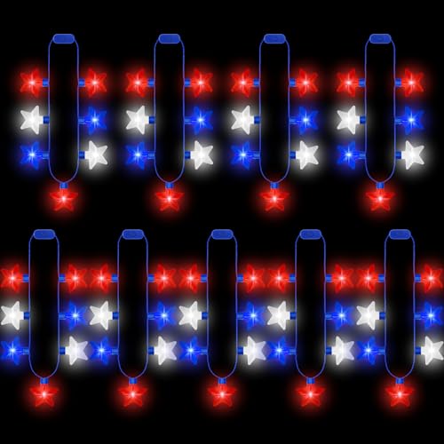 EOBOH 9PCS 4th of July Necklaces, 7 Bulbs Red White Blue Light Necklace Party Favor, Patriotic Independence Day Fourth of July Necklace Bulk, Glow Accessories for Memorial Veterans Day Party Parades