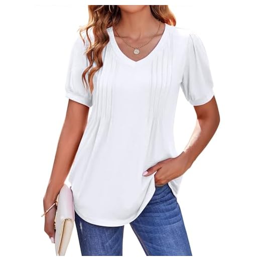 Zeagoo Blusa feminina de manga curta boho, casual, gola V, floral, lisa, lisa, túnica plissada, Branco, P