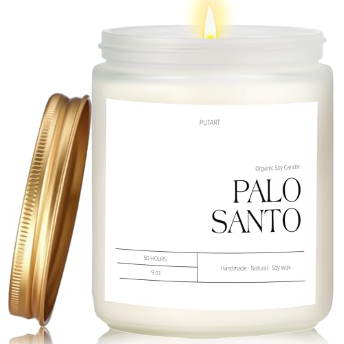 Putart Palo Santo Highly Scented Candle for Home, 9oz Natural Soy Aromatherapy Non Toxic Candles with Essential Oil, Home Fragrance Stress Relief & Meditation Jar Candles Gifts for Women & Men, White