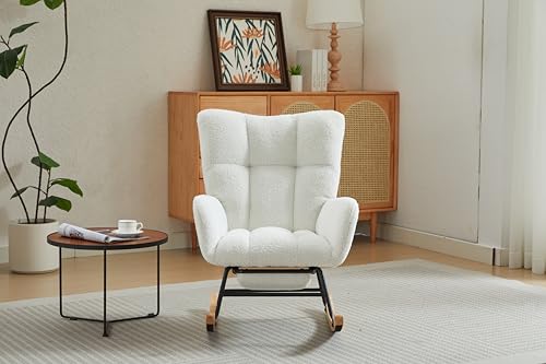HiHomely Modern Nursery Rocking Chair, Upholstered Glider with High Backrest & Solid Wood Legs, Comfortable Accent Armchair for Nursery, Bedroom, Living Room-White