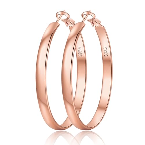 EXGOX Créoles Argent 925 pour Femme 5mm de large Argent 925 Grand hypoallergénique 14K Boucles d'oreilles Or Créoles pour Femme 30/40/50/60/70mm
