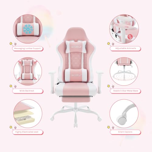 Sedia Gaming con Massaggiatore, Poltrona Ufficio ergonomica, Sedia da Scrivania reclinabile, Poggiatesta, Supporto Lombare, 150 kg, Tessuto a rete, Rosa+Bianco - Sedia gaming - Immagine 6
