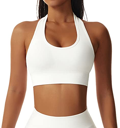 FEOYA Brassière de Sport Femme Soutien-Gorge de Yoga sans Armature Halter Crop Top Jogging Fitness Course Blanc L Cover