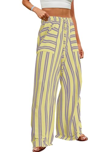 Yanekop Womens Striped Pants Casual Long Pants Wide Leg Lounge Pants with Pockets Loose Trousers High Waist Drawstring2