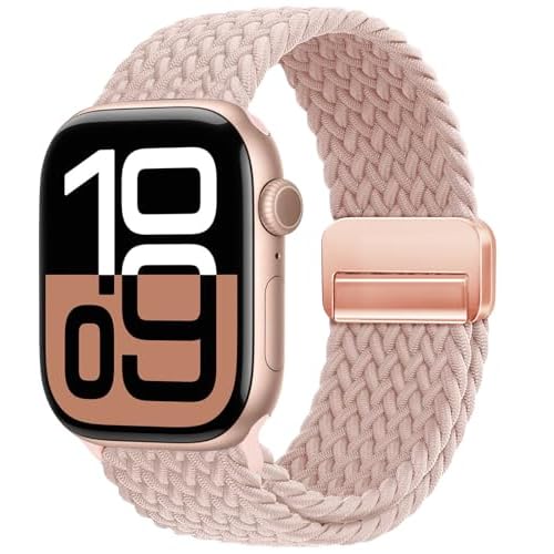 Magnetic Braided Loop Band Compatible with Apple Watch Series 11 10 42mm 9 8 7 6 5 4 40mm 41mm for Women Men, Stretchy Nylon Elastic Sport Strap for iWatch SE 1/2/3, Sand Pink Sand Pink 38mm