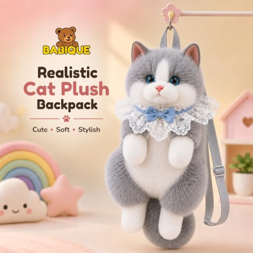 Image of Babique Realistic Cat Plush Backpack with Meow Sound, Cute Fluffy Kitty Soft Toy Shoulder Bag for Girls, Women & Kids, Kawaii Animal Plush Backpack for Travel, School, Daily Use & Birthday Gift, Gray