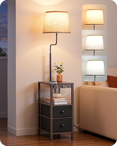 Image of EDISHINE Floor Lamp with Table Dimmable USB-A+Type-C Port, Dark Walnut | Bulb Included, 10%-100% Brightness, 2700K-6000K Color Temperature, 2 Shelves, Farmhouse Standing Light for Bedroom, Office