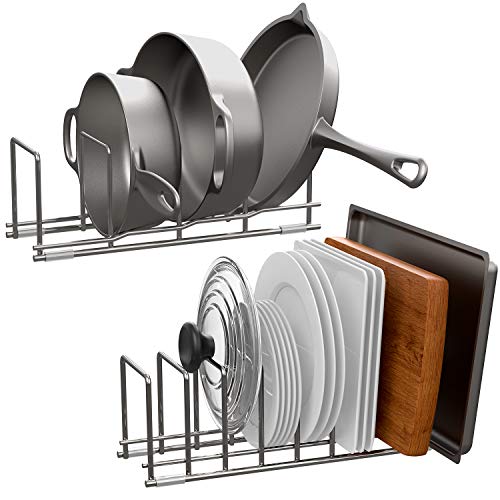 Kitchen Organizer Set Pan and Pot Lid Organizer Rack for Pots Pans Lids Plates Cutting Boards Bakeware Cooling Rack Serving Trays 2 Pack Total 12 Compartments Silver