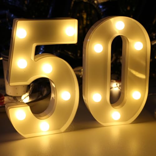 Image of H:7.88 inches Light Up Numbers 50 Sign for Wedding Anniversary, 50th Birthday Party Decorations for Women, 50th Birthday Centerpieces Table Decorations for Men (Pack of 2)