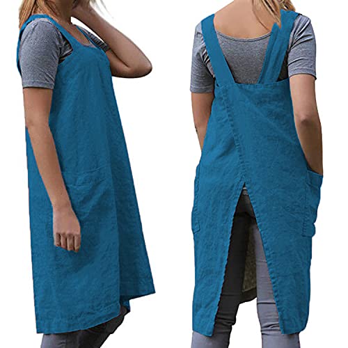 WROLEM Delantal de mujer con espalda cruzada y bolsillos grandes para cocina, restaurante, cafetería, trabajos de jardinería, azul lago, talla S