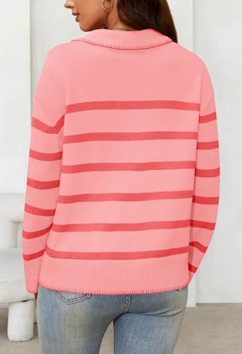 Image of MEROKEETY Women's 2024 Fall Oversized Striped Sweater Collared V Neck Long Sleeve Trendy Knit Pullover Tops