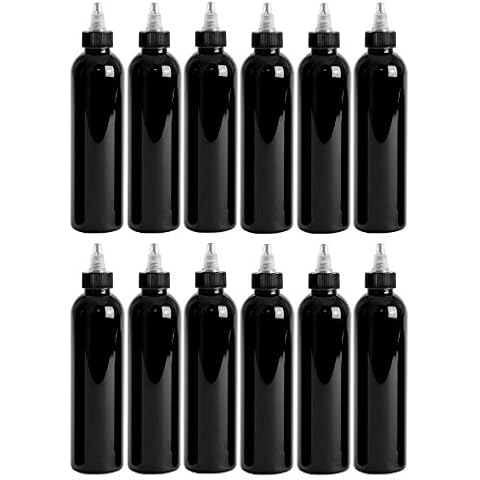 Premium Essential Oil 4 Ounce Cosmo Round Bottles, PET Plastic Empty Fillable BPA-Free, with Black/Natural Twist Top Caps (Pack of 12) (Black) Cover