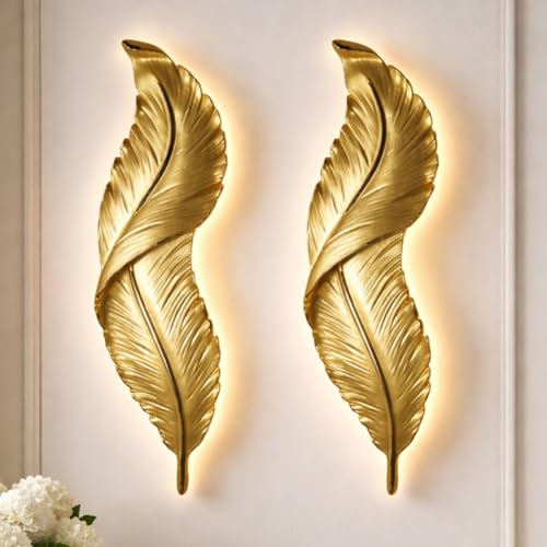 Image of UJALAVISTA Feather Shape Wall Lamp | 65cm Acrylic Fancy Wall Light | 3-Color LED (Warm /Natural /Cool) | Modern Decorative Wall Sconce for Living Room & Bedroom (White Feather) (2, Gold)