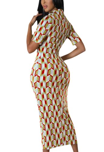 Image of ZERMOM Women's Button Down Shirt Dress Short Sleeve Print Collar V Neck Summer Bodycon Midi Dresses